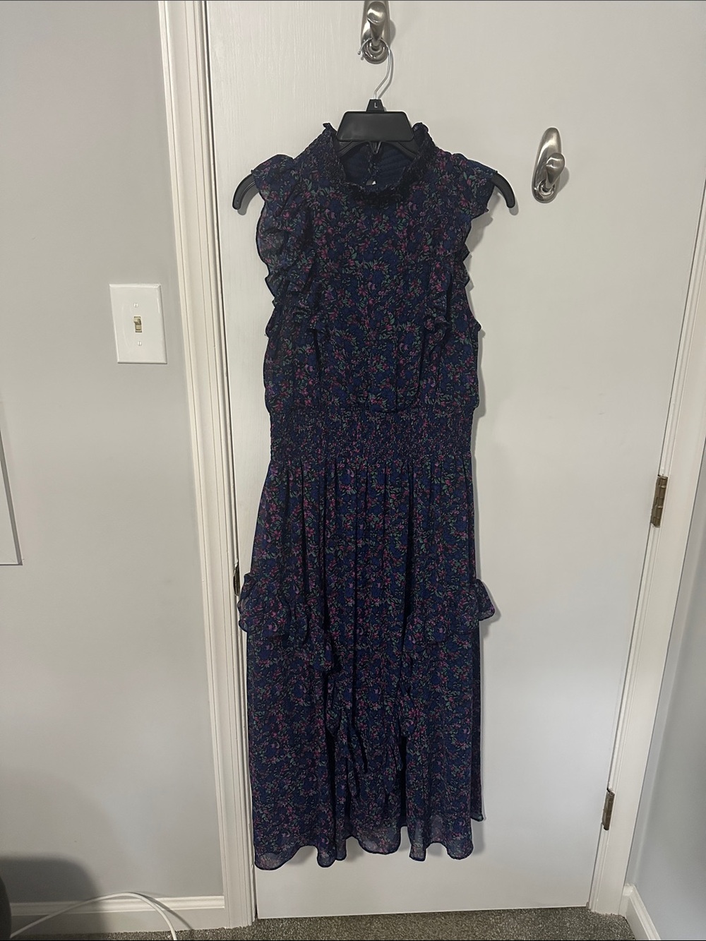 Lulus Evalina Navy Blue Floral Print Mock Neck Midi Dress - Size L - Picture 2 of 3